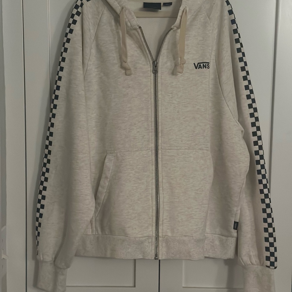 Vans Off-White Zip-Up Hoodie with Black Checkered Sleeves